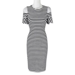 New Calvin Klein black white stripe cold shoulder ruffle sleeve sheath dress 2